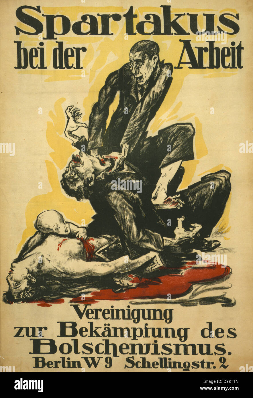 German political poster, 1919. 'Spartakus at work', showing a member the communist Spartacus League murdering a family. Fear of Bolsheviks widespread in Germany at this time. Anti-Communist Anti-Bolshevik Propaganda Stock Photo