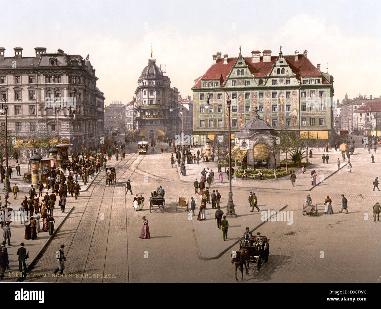 View of Karlsplatz, Munich, from the Carlsthor (Karlsthor) looking towards Central Railway Station, Bavaria, Germany, 1890-1905. Transport Tram Tramline Carriage Horse Pedestrian Pavement Road Stock Photo