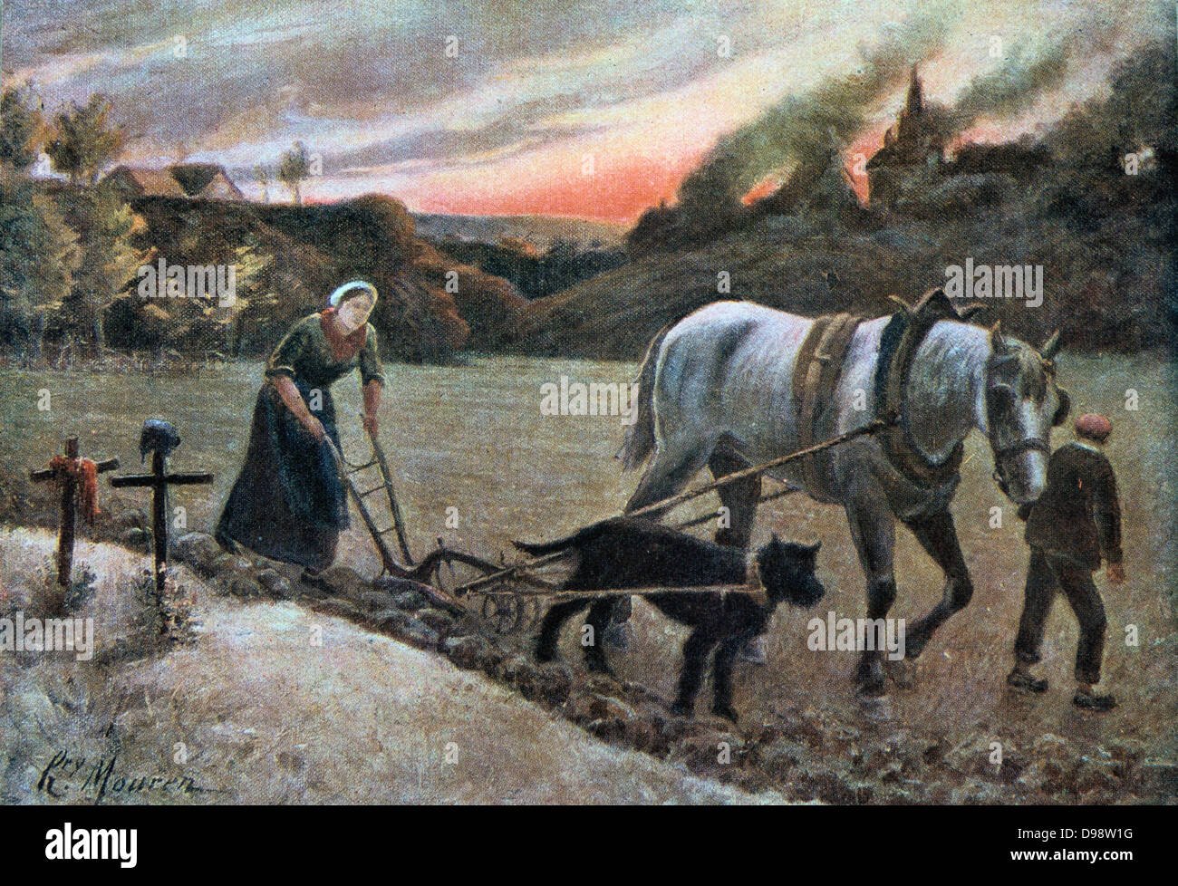 Women in the Fields' France 1915, World War I. Henri Laurent Mouren (1844-1926) French painter. Woman and boy ploughing with horse and dog harnessed together. Two graves marked by crosses, left. Hardship Agriculture Stock Photo