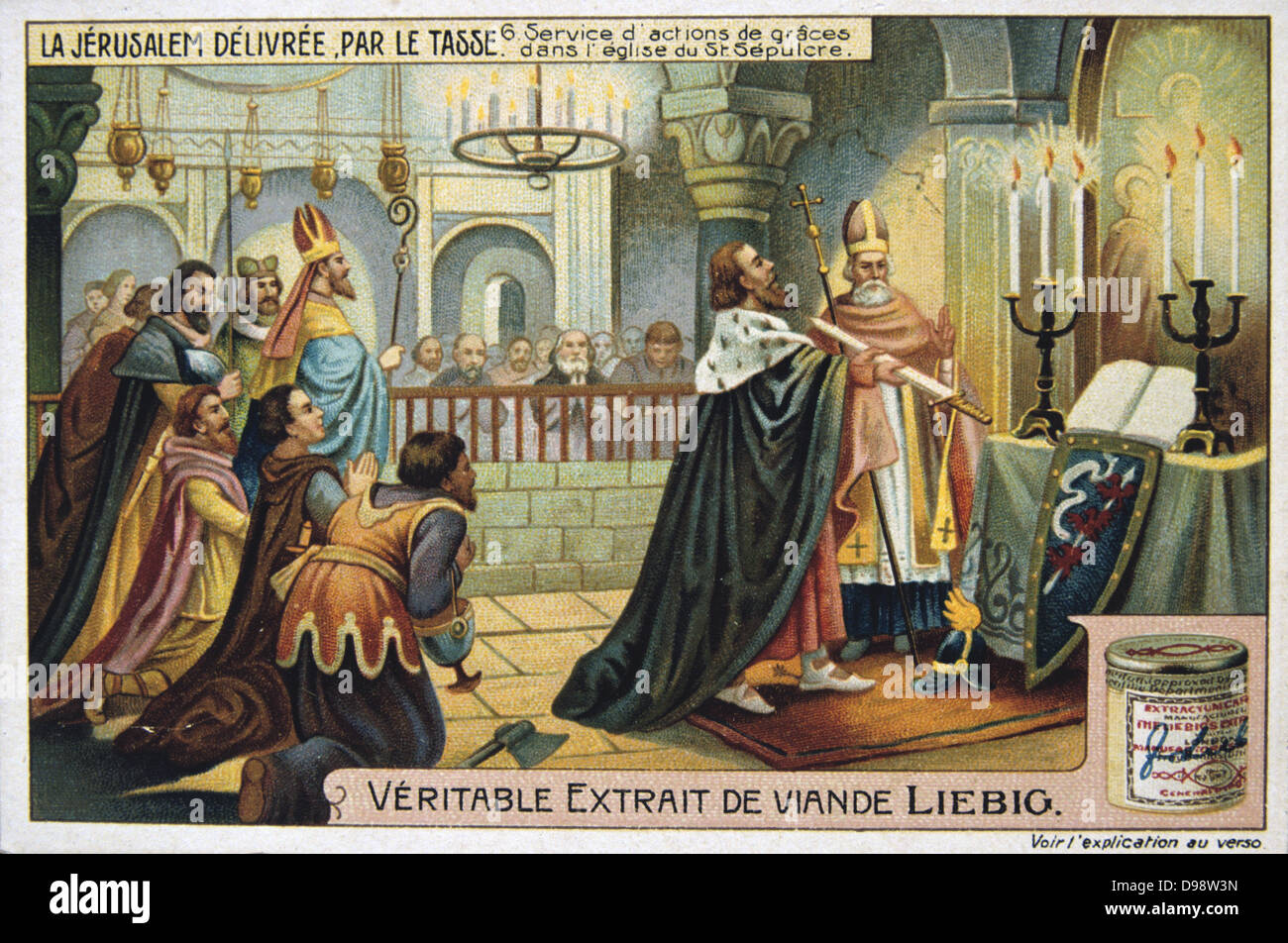 Jerusalem Delivered' (1580) epic poem by Torquato Tasso, Italian poet. Fictionalised story of First Crusade 1095-1099. Crusaders' service of thanksgiving in St Sepulchre, Jerusalem. Liebig Trade Card c1900. Chromolithograph. Stock Photo