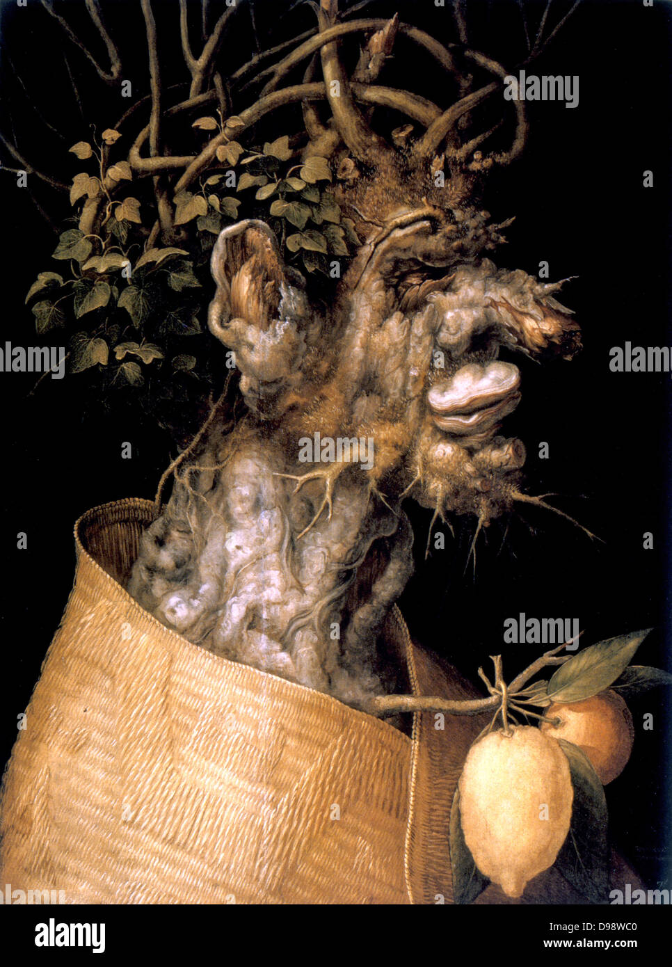 Winter' c1572. Oil on canvas. Giuseppe Arcimboldo (c1530-1593) Italian painter. Bizarre 'portrait' composed of a gnarled tree, fungi, animal horns, ivy , citrus fruit and a straw mat. Stock Photo