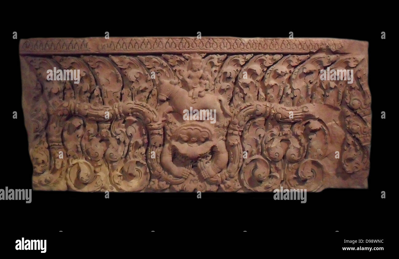 11th century Lintel in the style of Baphuon (1050-1100) from Wat Kralanh, Cambodia Stock Photo