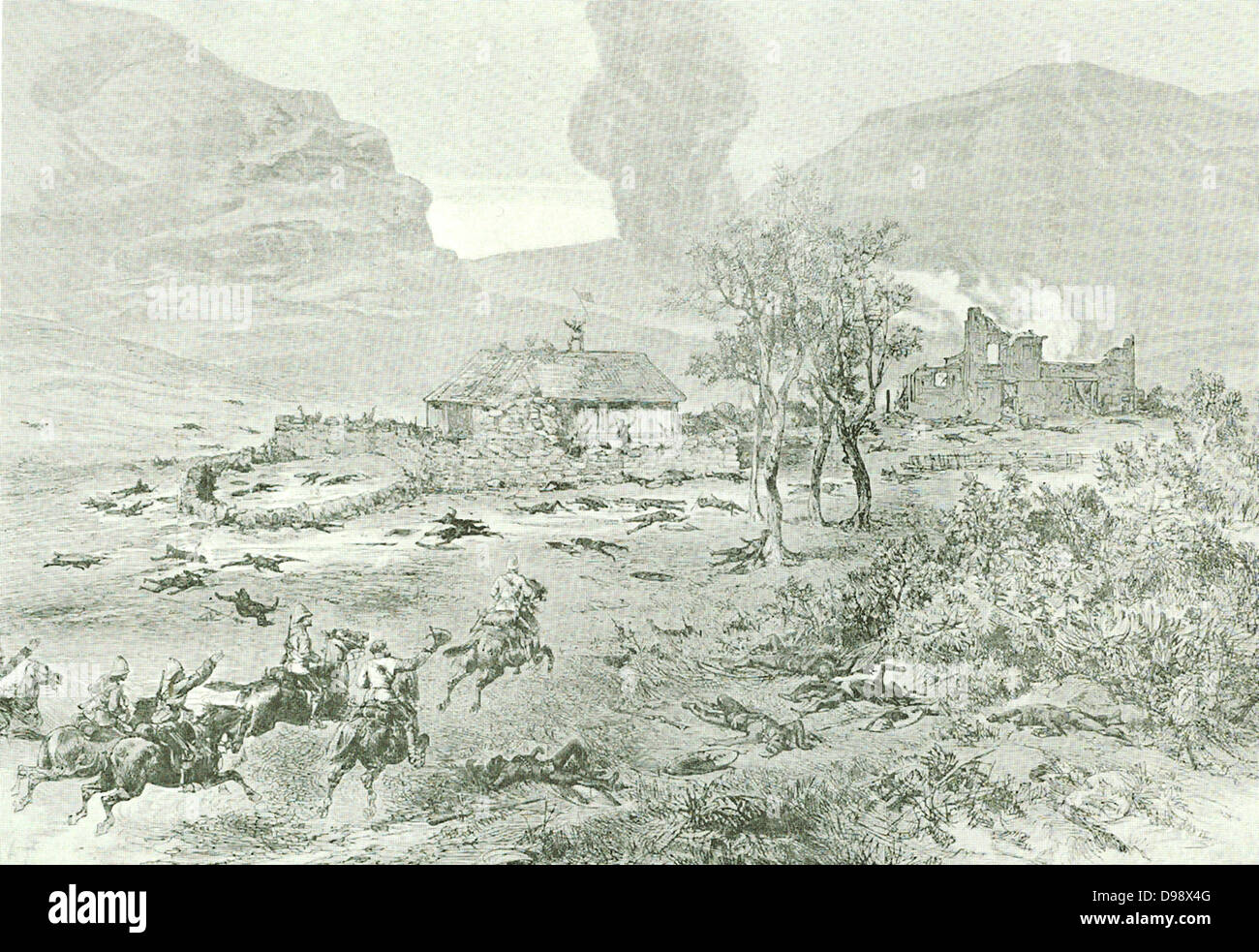 The Zulus having met with effective resistance from the British garrison of the fortified post near Rorkesdrift had retired, although they had succeeded in setting the various buildings on fire.  To the left is the house of the Rev. Witt and to the right is the house used as a Hospital.  On the foreground, to the left, the mounted men, under Lieut Col Russell, galloping up to the Hospital to rescue the beleaguered garrison. Stock Photo