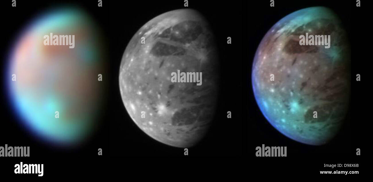 This montage compares New Horizons' best views of Ganymede, Jupiter's largest moon, gathered with the spacecraft's Long Range Reconnaissance Imager (LORRI) and its infrared spectrometer, the Linear Etalon Imaging Spectral Array (LEISA). Blue colours represent relatively clean water ice, while brown colours show regions contaminated by dark material. The right panel combines the high-resolution rescale LORRI image with the color-coded compositional information from the LEISA image, producing a picture that combines the best of both data sets. Stock Photo