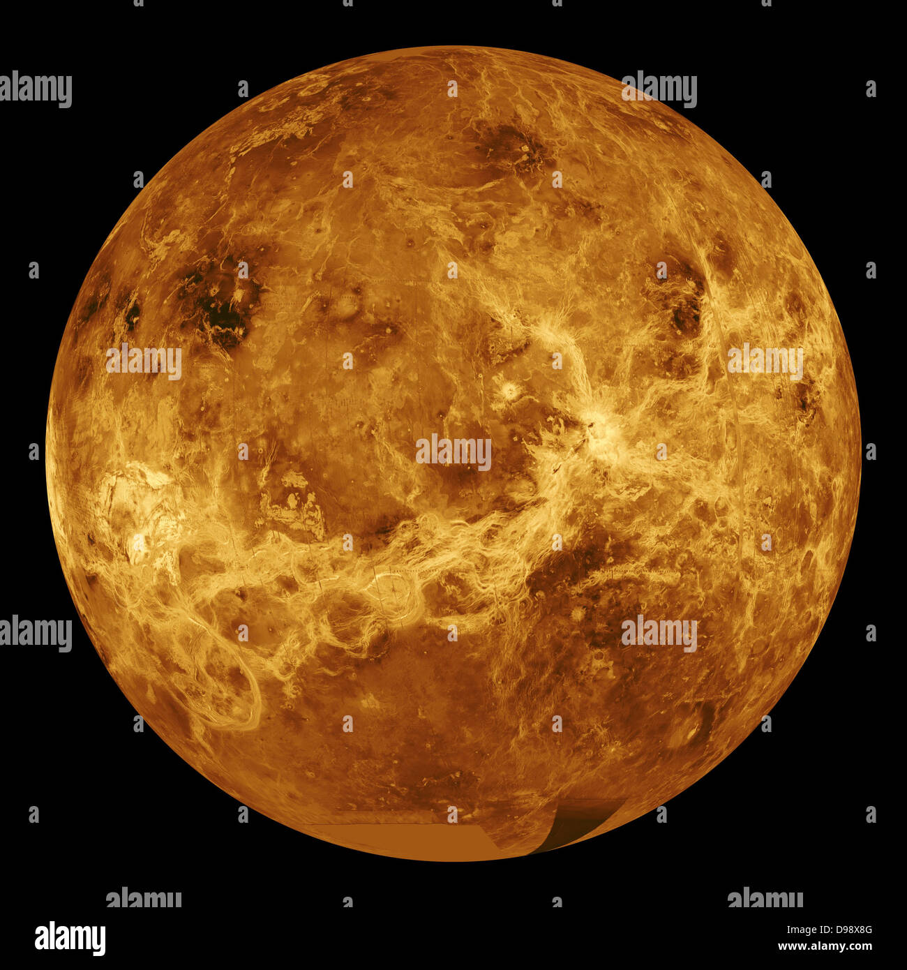 This global view of the surface of Venus is cantered at 180 degrees east longitude. Magellan synthetic aperture radar mosaics from the first cycle of Magellan mapping are mapped onto a computer-simulated globe to create this image. Data gaps are filled with Pioneer Venus Orbiter data, or a constant mid-range value. Simulated colour is used to enhance small-scale structure. The simulated hues are based on colour images recorded by the Soviet Venera 13 and 14 spacecraft. 1991 Stock Photo