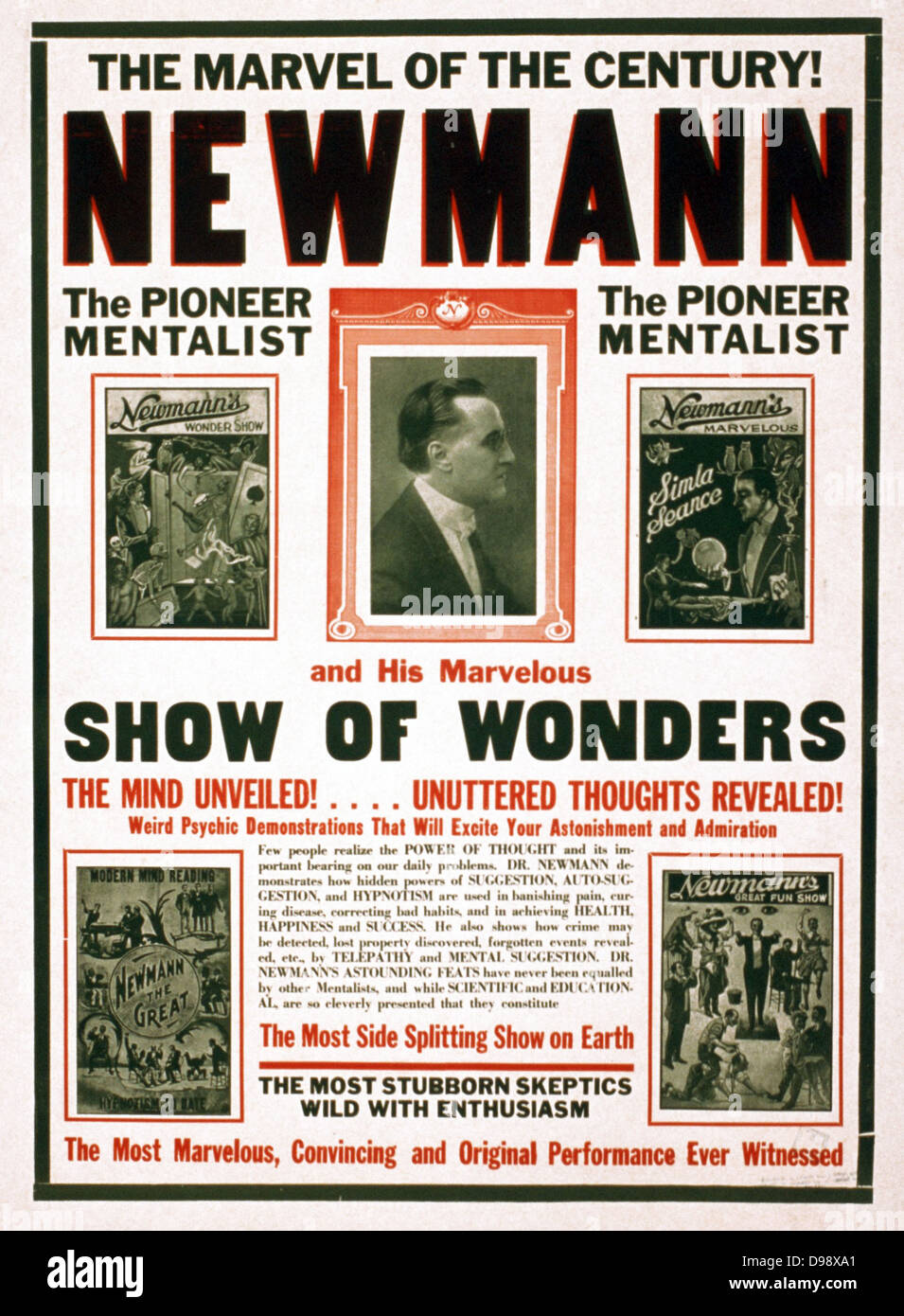 The marvel of the century! Newmann and his marvellous show of wonders. [ca. 1928] (poster) lithograph Includes small portrait of Newmann and small half-tone images of 4 posters advertising his performances. Newman was a magician and hypnotist in American theatres of the 1900's Stock Photo