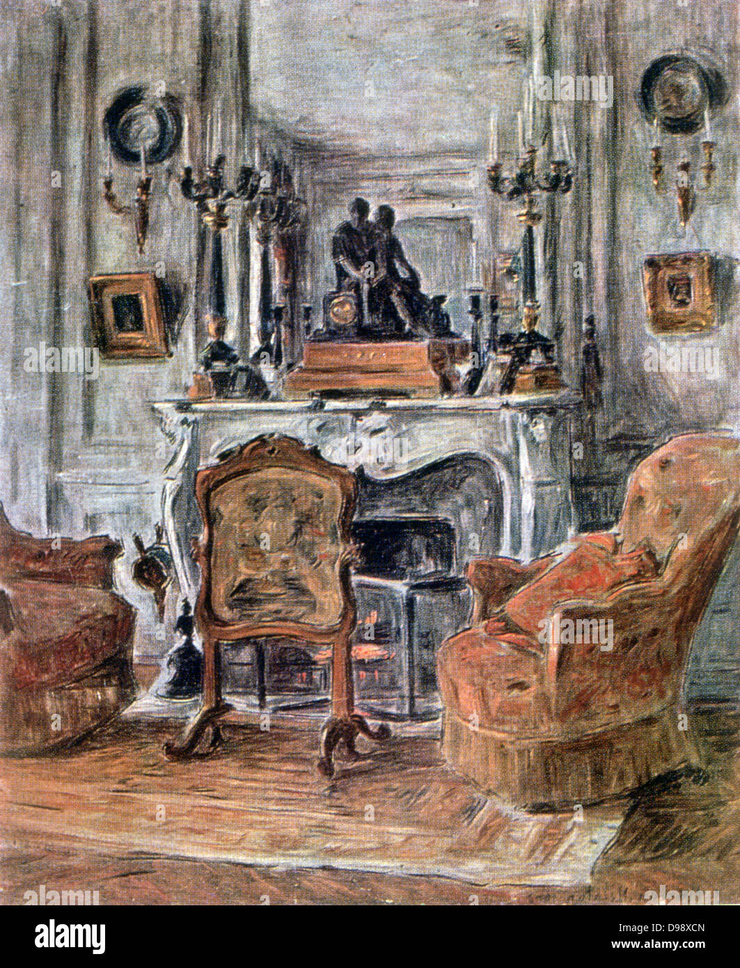In the Drawing Room', 1900. Oil on canvas. Etienne Moreau-Nelaton (1859-1927) French painter, writer and art historian. Domestic Interior Fireplace Mirror Candelabra Armchair Firescreen Rug Stock Photo