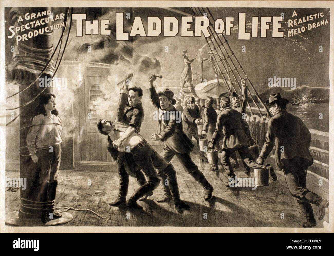 Title: The ladder of life a grand spectacular production : a realistic melo-drama. c1897. (poster) : lithograph created and 'copyright 1897 by The H.C. Miner Litho. Co., shows fire fighters in the 1890;s Stock Photo