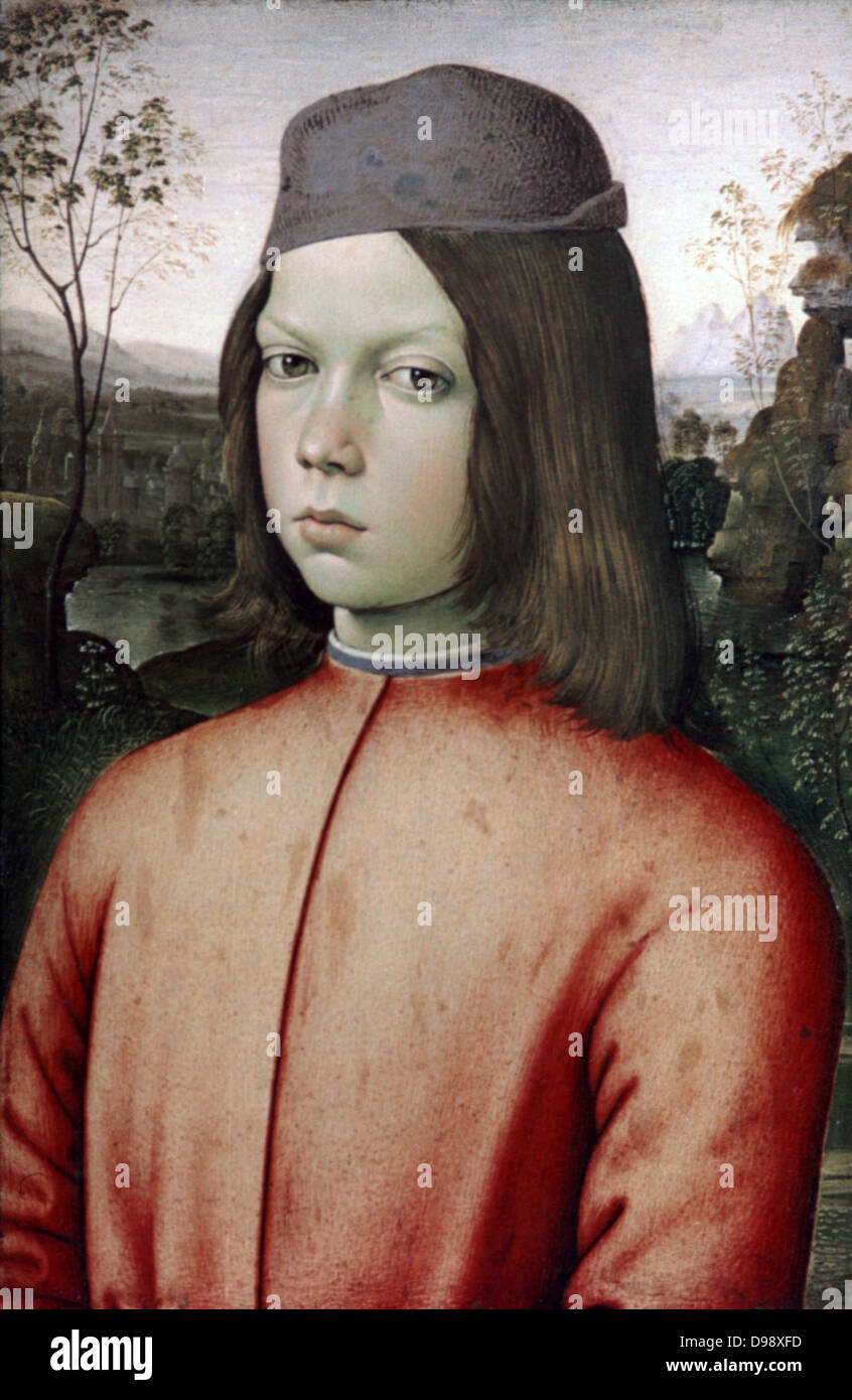 Portrait of a Young Boy', c1500. Oil on wood. Pintoricchio (Bernadino di Betto 1454-1513) Italian Renaissance painter. Head-and shoulders portrait of boy with shoulder-length hair wearing red jacket and blue-grey cap. Stock Photo