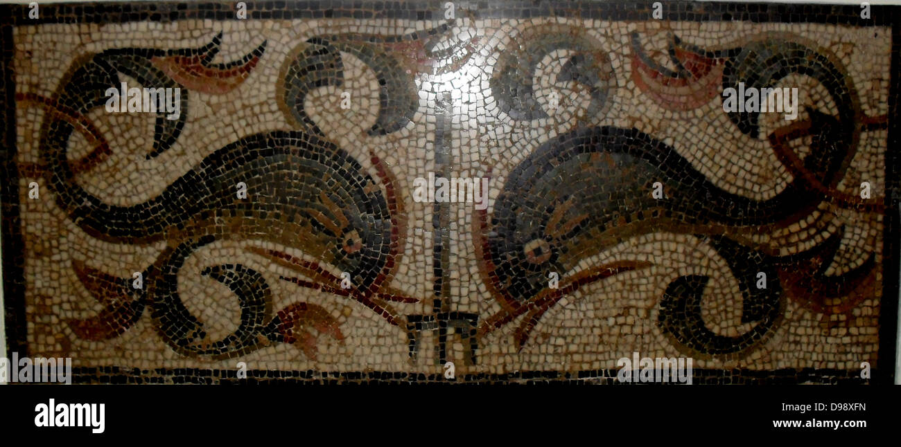Dolphins with leaf-like fins on either side of a trident. Roman Mosaic from England circa 1st to 4th century AD Stock Photo