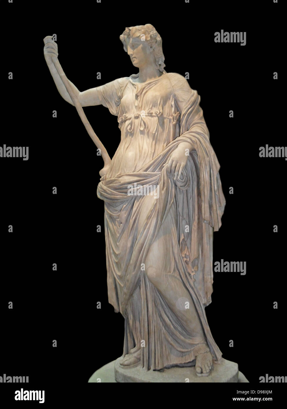 Thalia, Muse of Comedy.  Roman, 2nd century AD. Marble. In ancient mythology, Thalia was one of the nine Muses.  The Muses were female companions of the god Apollo and devoted to the arts and sciences.  Although Thalia was associated with comedy, Roman poets describe her as graceful and tender. Stock Photo