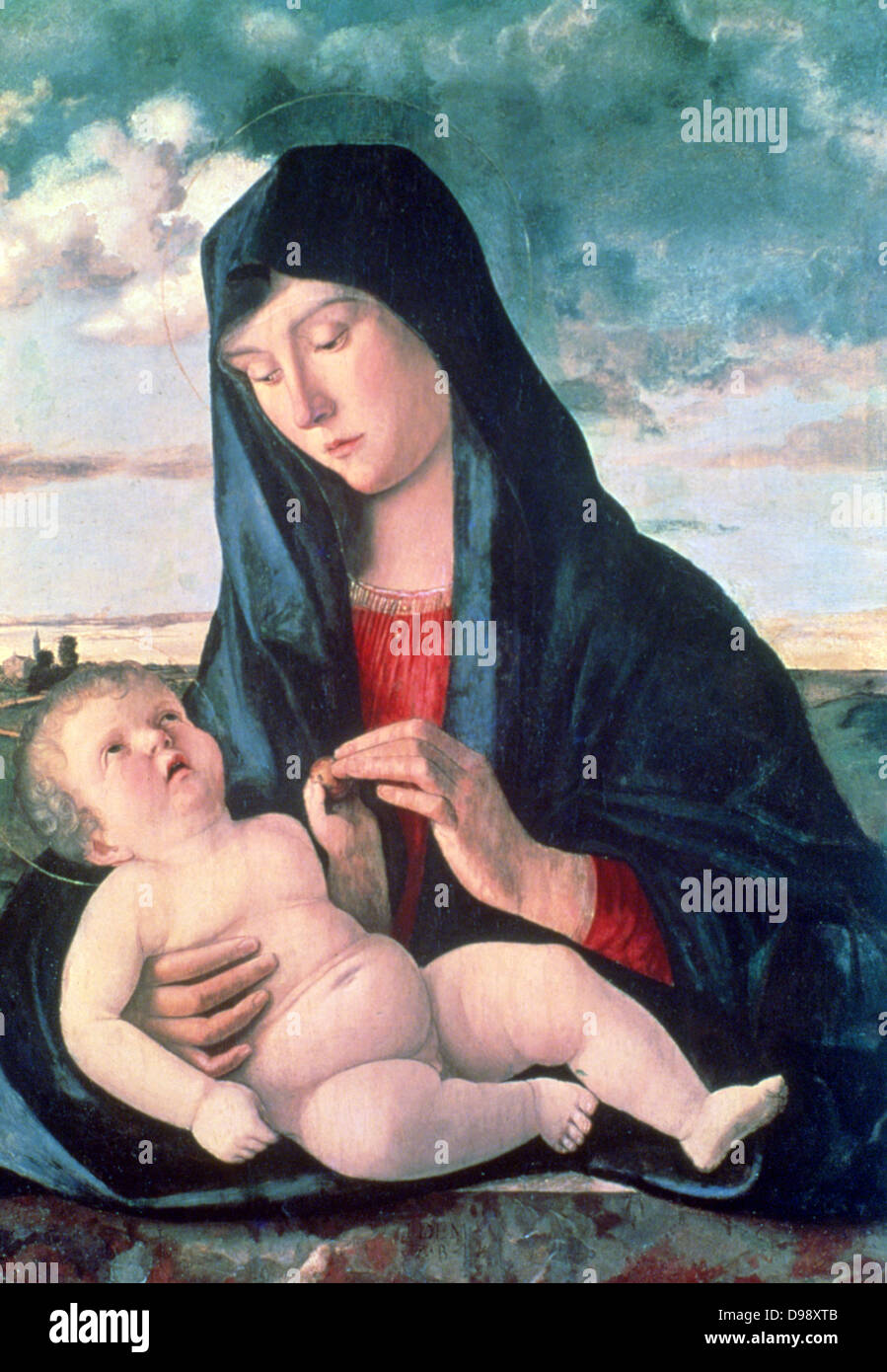 Madonna and Child' 1480. Giovanni Bellini (1426-1516) Italian Renaissance painter. Mother Infant Virgin Blue Stock Photo