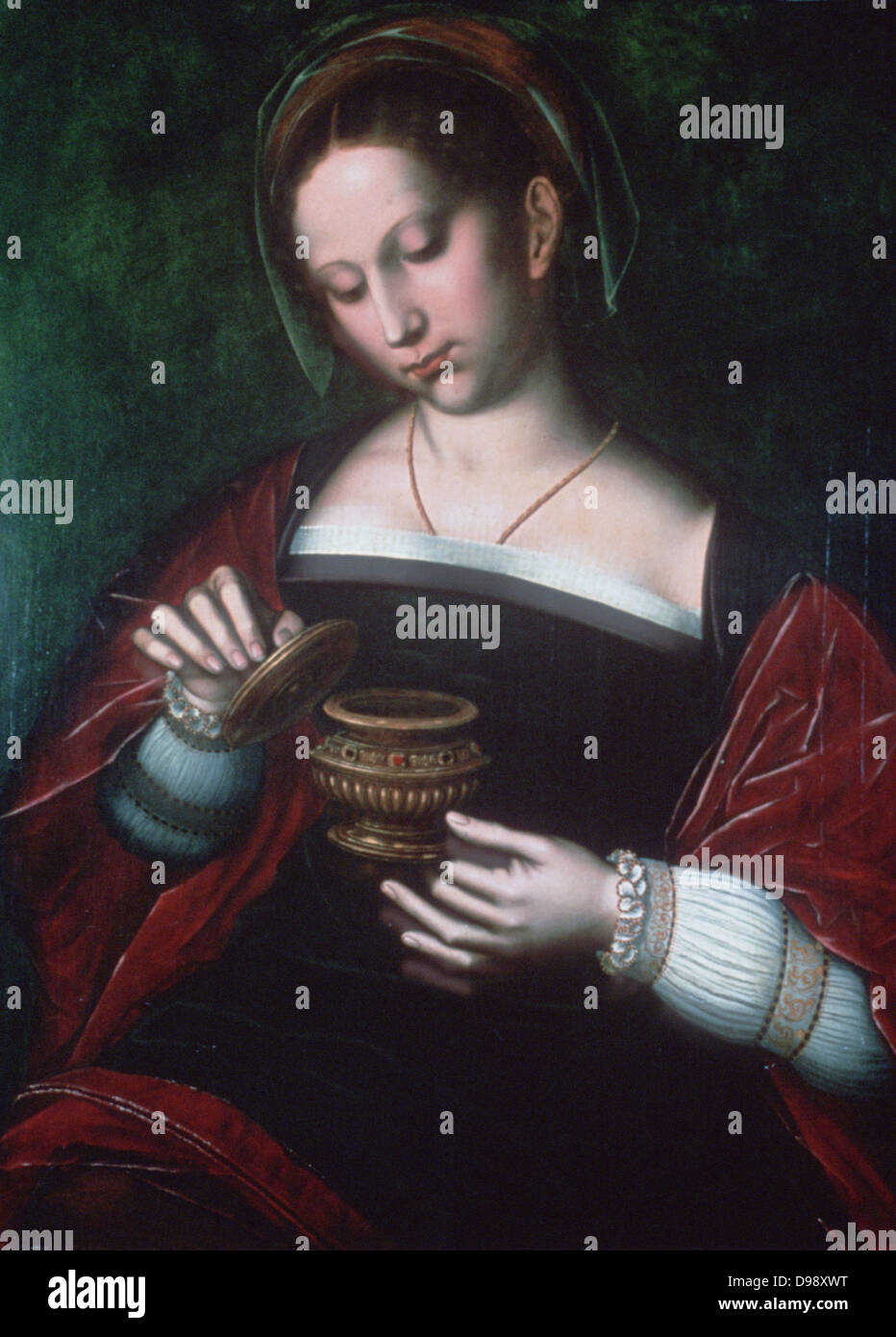 Mary Magdalene'. Oil on oak panel. Saint Ambrosius Benson (c1495-1550) Flemish Northern Renaissance painter. Devoted follower of Jesus, here with pot of ointment which she poured over his head: Mark 13.3-9. Christian Saint Stock Photo