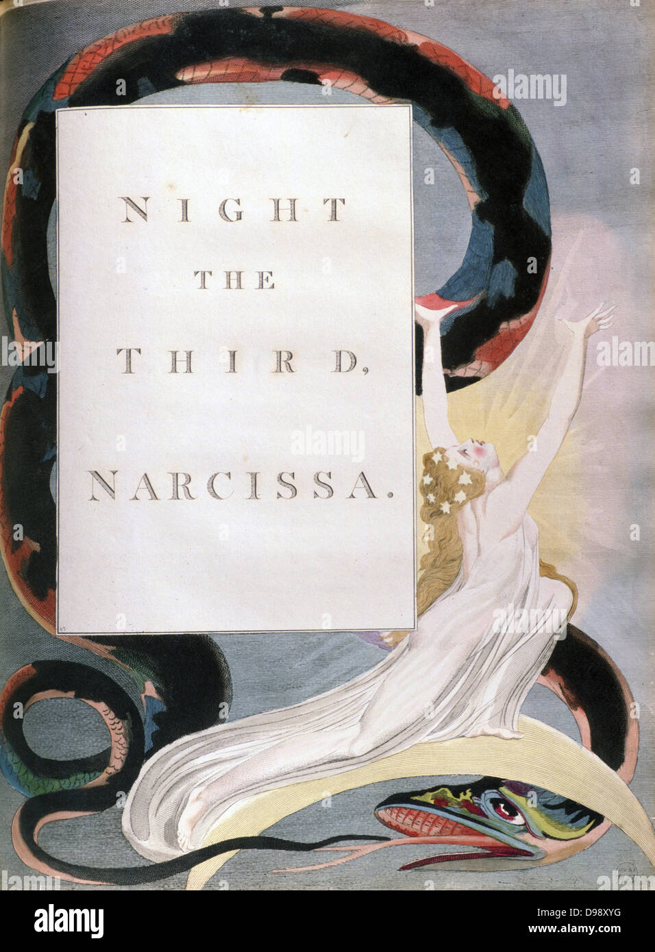 Illustration by William Blake (1757-1827) English poet, painter and printmaker, for Edward Young's (1681-1765) poem Night Thoughts published 1742-1745. Night the Third, Narcissa. Dedicated to Margaret Bentinck. Stock Photo