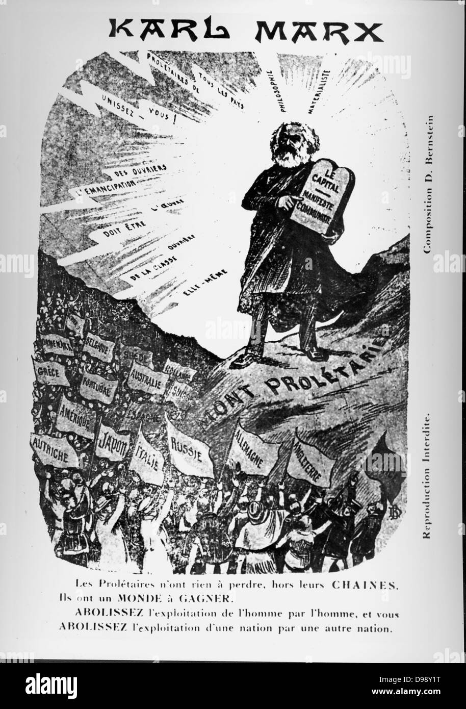 19th century French illustration depicting Karl Marx depicted as Moses presenting the two central points of communism. The Communist Manifesto and Das Kapital Stock Photo