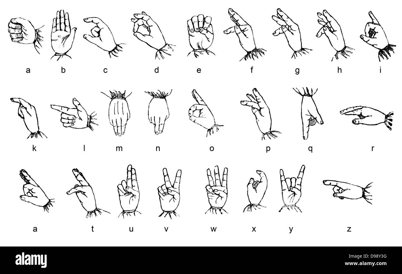 alphabetic sign language, people picture from the 19th Century, 1864, Germany, Europe, Stock Photo