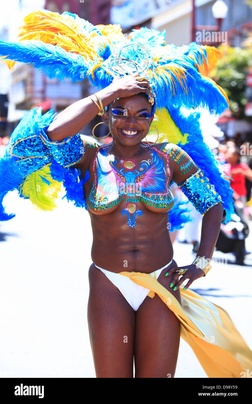 Colorful dancer with body paint at carnaval parade in Mission District, San Francisco, California, USA Stock Photo