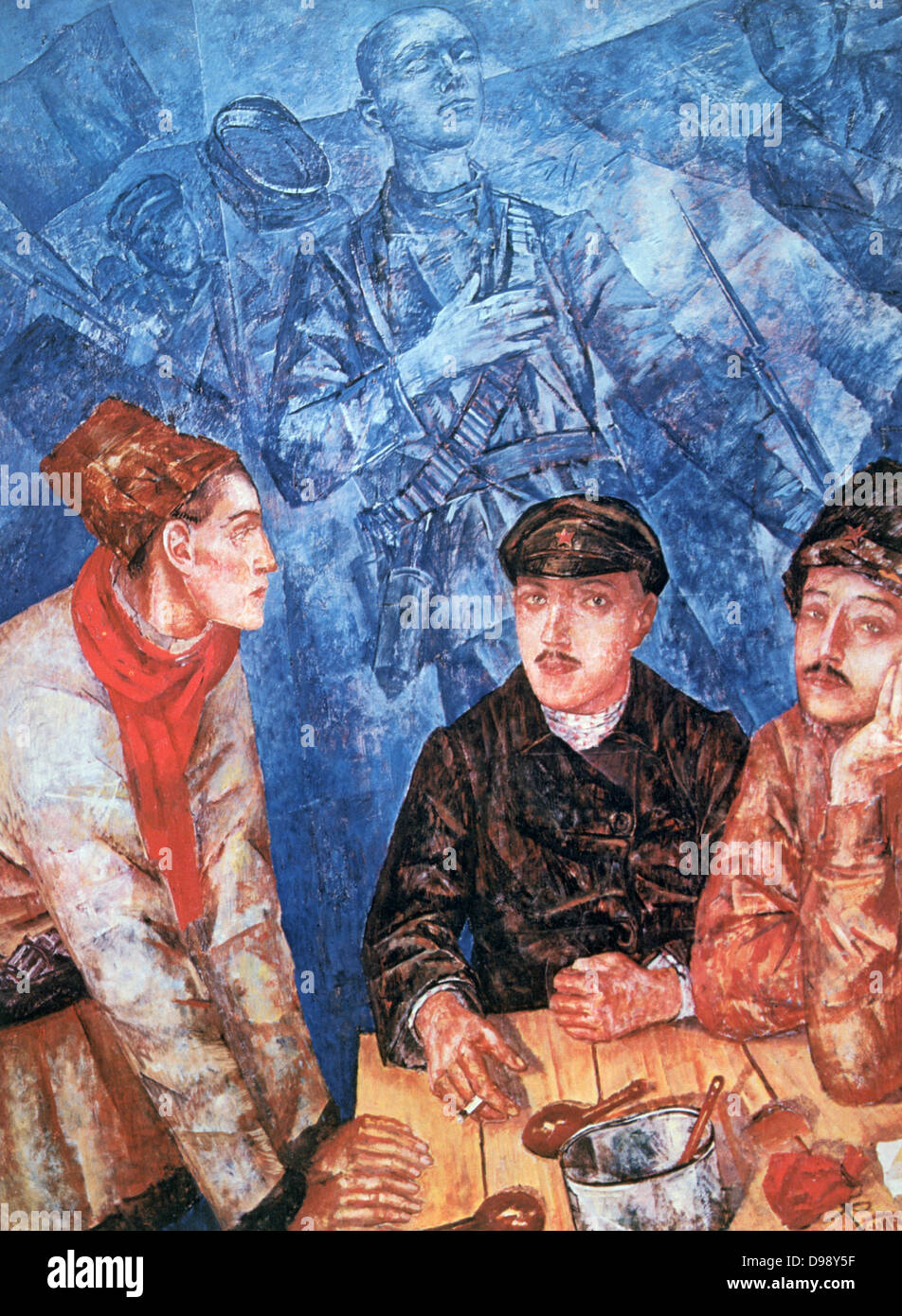 After the Battle', 1923. Oil on canvas. Kuzma Petrov-Vodkin (1878-1939) Russian painter. Three dazed,sombre-faced combatants smoking and eating around a table. In background are ghostly forms of dead fighters. Stock Photo