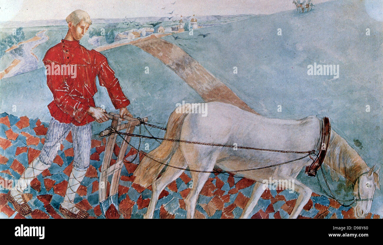 Man ploughing with a white horse. Watercolour on paper. Kuzma Petrov-Vodkin (1878-1939) Russian painter. Representation of Mikula Selianimovich(?) Russian epic hero. Patriotism Agriculture Stock Photo