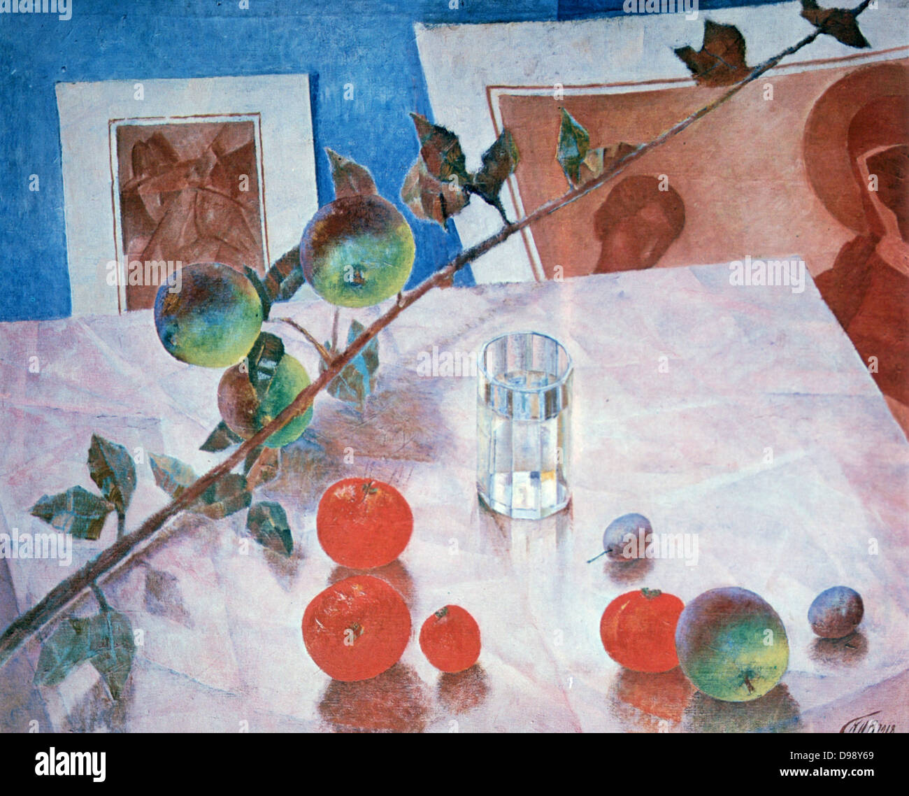 Stil Life: Fruit, glass of water and branch of apples. 1918. Oil on canvas. Kuzma Petrov-Vodkin (1878-1939) Russian painter. Stock Photo