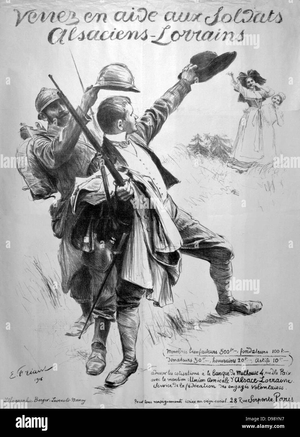World War I 1914-1918. French poster calling for aid for Alsace-Lorraine, 1916.. Stock Photo