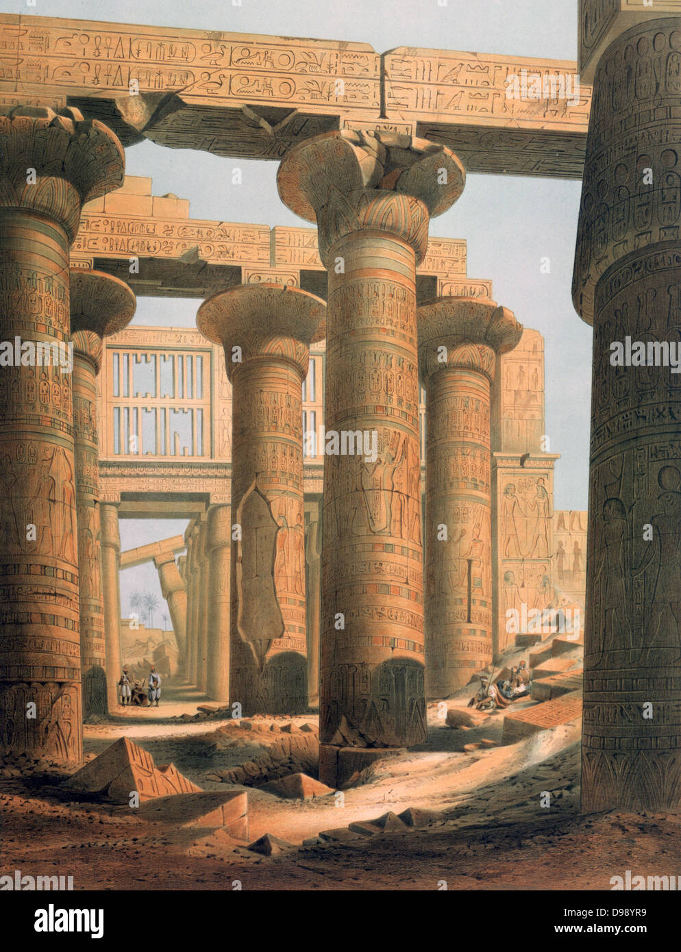 Interior view of the Hall at Karnak'. Lithograph after Karl Richard Lepsius (1810-1884) Prussian Egyptologist. Hippostyle Hall in Karnak temple complex at Thebes (Luxor). Archaeology Religion Mythology Ancient Egyptian Stock Photo
