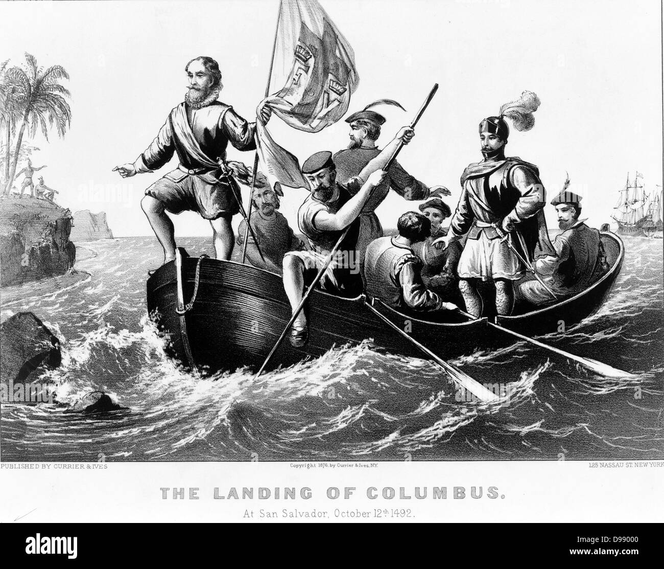 The landing of Columbus at San Salvador, October 12, 1492. Columbus standing in bow of boat holding Spanish flag. lithograph. New York : Published by Currier & Ives, c1876.Christopher Columbus (unknown; before 31 October 1451 – 20 May 1506) was an explorer, colonizer, and navigator, born in the Republic of Genoa, in what is today northwestern Italy.[2][3][4][5] Under the auspices of the Catholic Monarchs of Spain, he completed four voyages across the Atlantic Ocean that led to general European awareness of the American continents in the Western Hemisphere Stock Photo