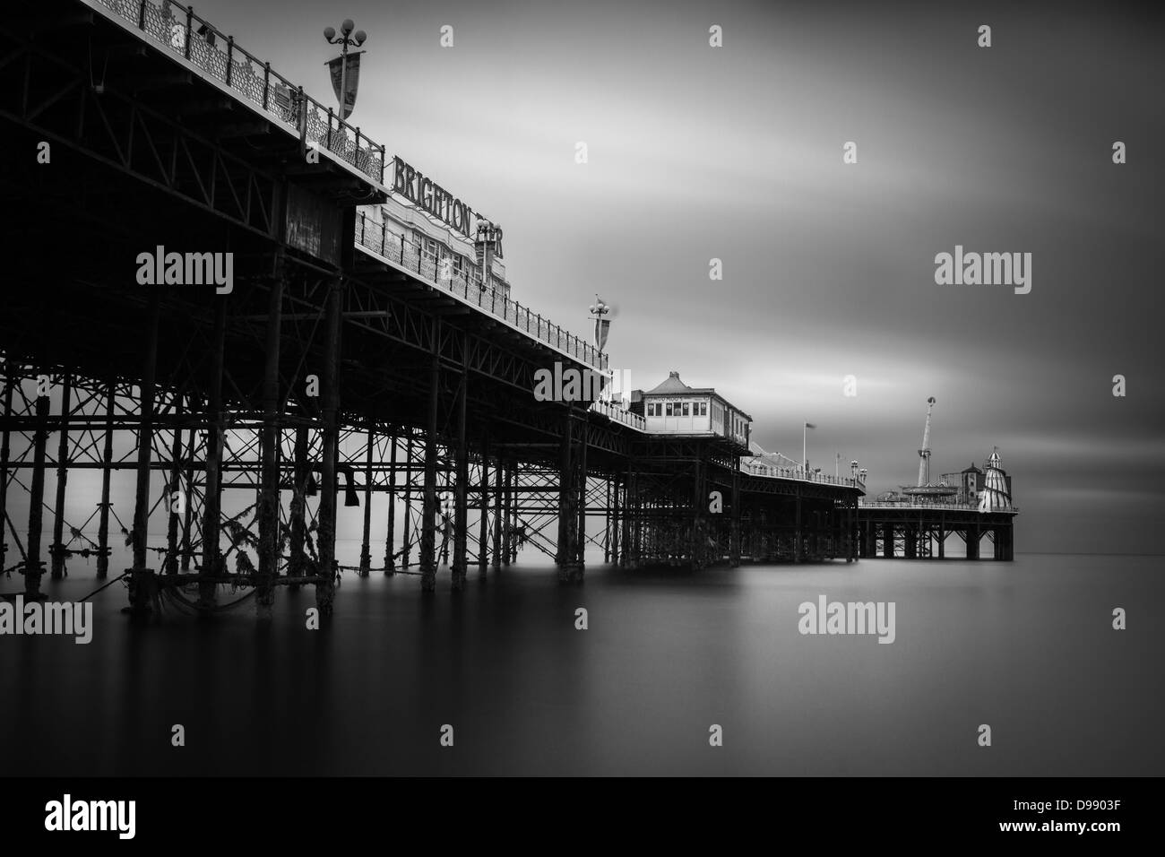 A black and white ND filter shot of Brighton pier, sea front view Stock Photo