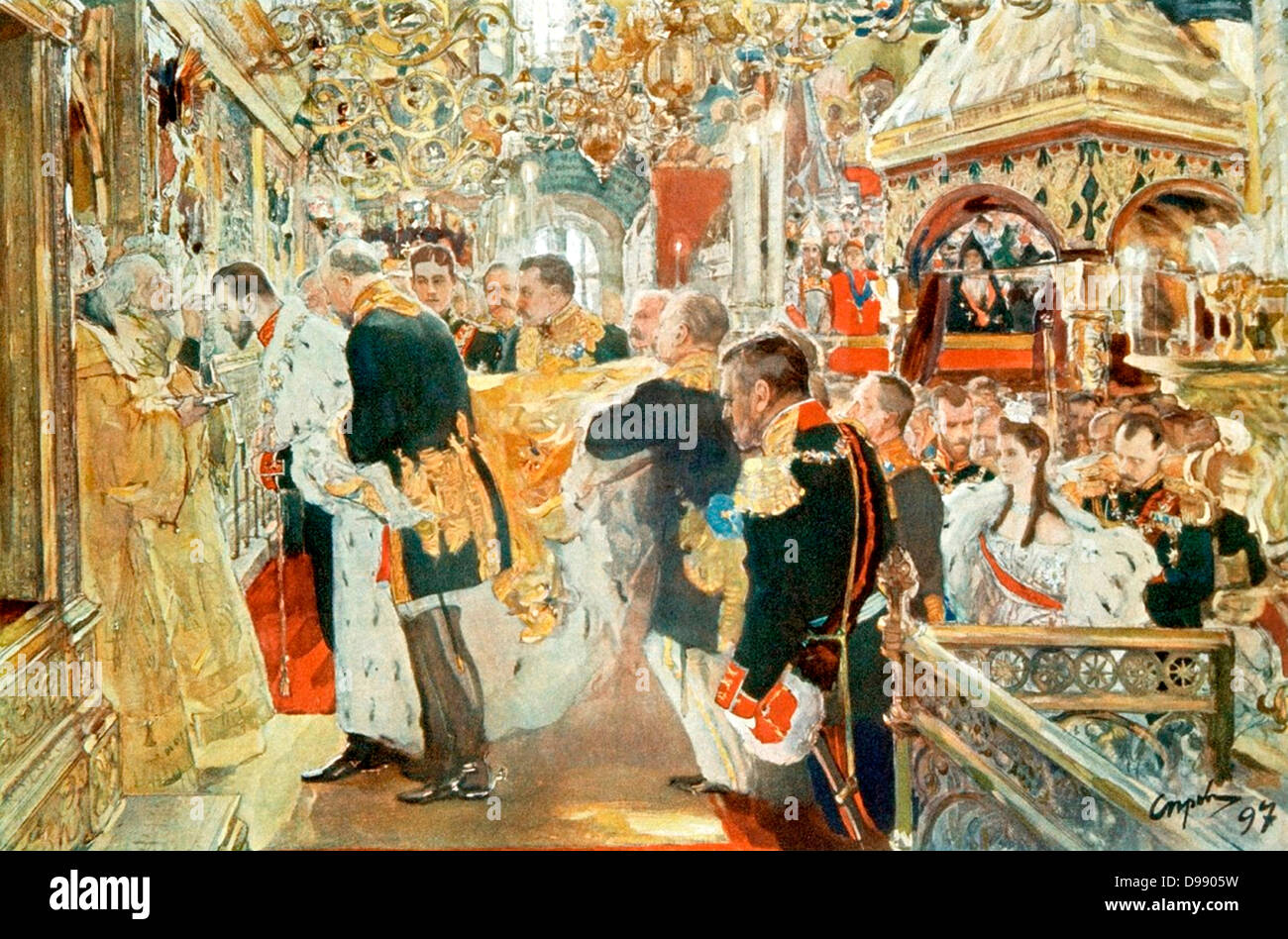 Portrait by Valentin Serov of the anointing of Tsar Nicholas II and the Empress Alexandra Fyodorovna at their coronation. 1897 Stock Photo