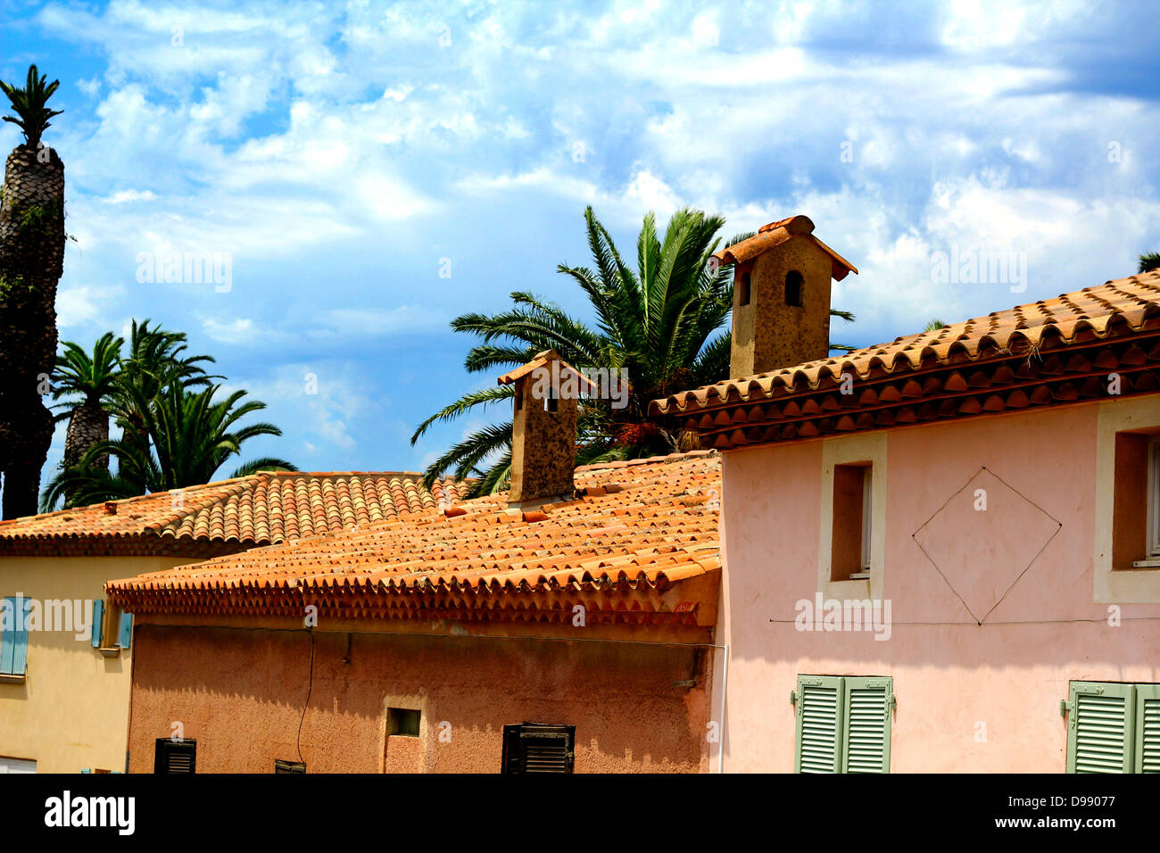 Sunny noon at Porquerolles island - view over tiled roof tops. Côte d’Azur, French Riviera Stock Photo
