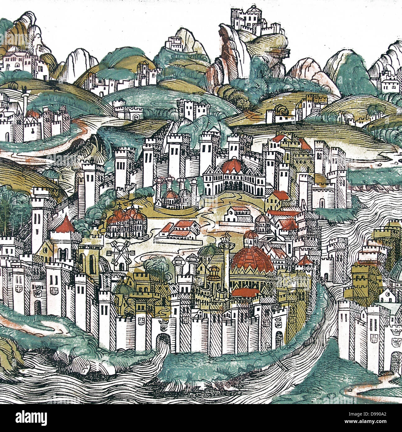 Constantinople from the nuremberg Chronicle. The Nuremberg Chronicle is an illustrated Biblical paraphrase and world history that follows the story of human history related in the Bible; it includes the histories of a number of important Western cities. Written in Latin by Hartmann Schedel, with a version in German translation by Georg Alt, it appeared in 1493. Stock Photo