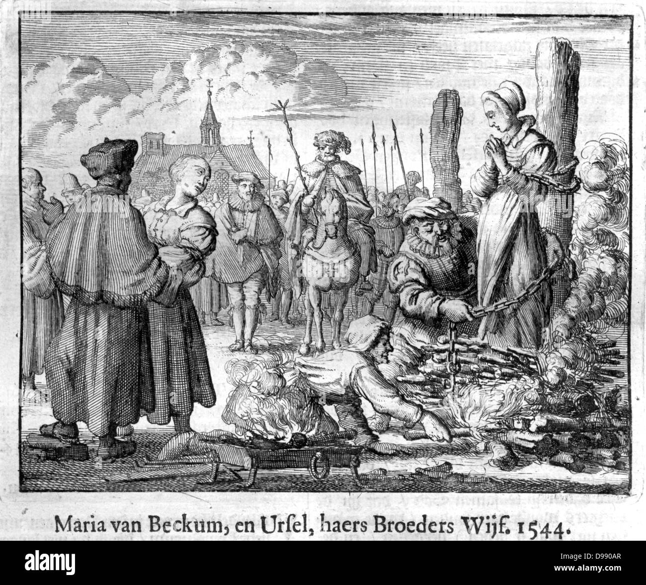 Burning of a witch in Holland. Woodcut 1544 Stock Photo