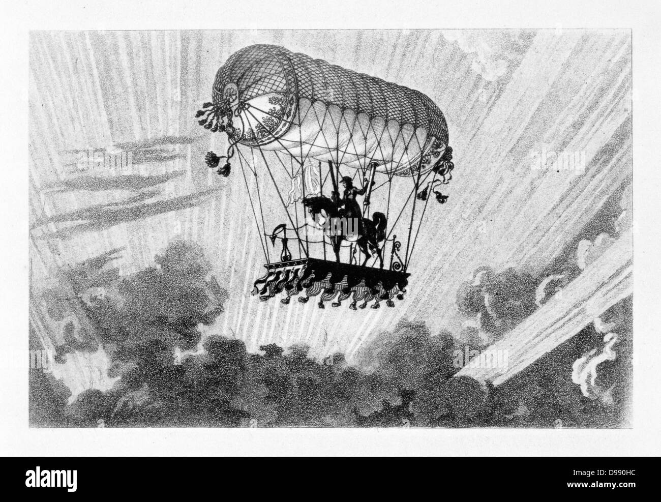 Ballooning fantasy: Idea for balloon carrying a mounted horseman. From 'Histoire des Ballons' by Gaston Tissandier, Paris, 1887. Aviation Aeronautics Stock Photo