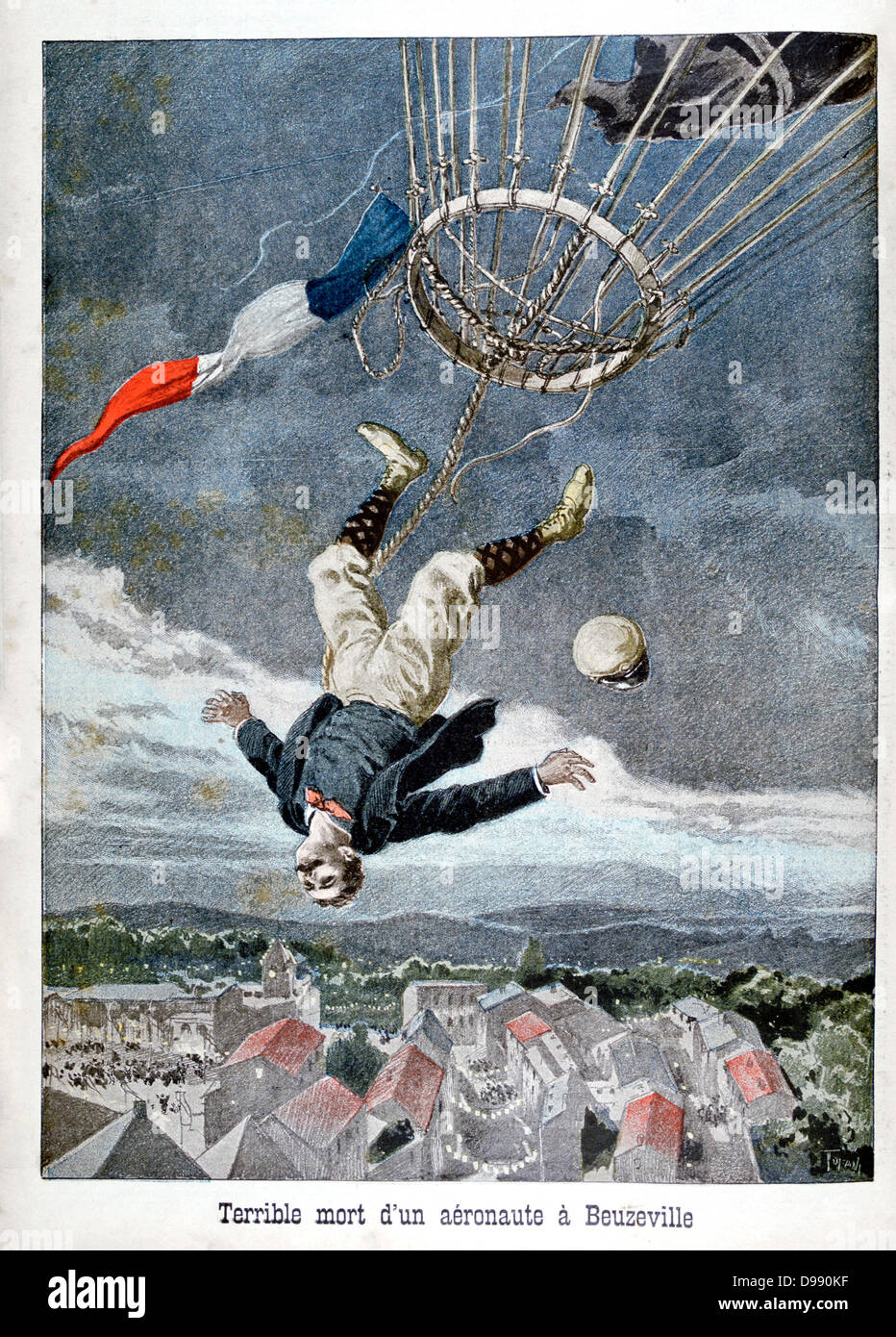 A French aeronaut falling to his death from a balloon over Beuzeville, France. From 'Le Petit Journal' 30 June 1899. Aeronautics Aviation Accident Ballooning Stock Photo