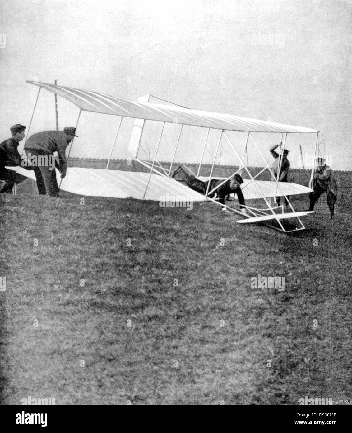Ernest Archdeacon (1863-1950) French lawyer and aviation pioneer in the take-off position in his copy of a Wright glider. Founder of Aero-Club de France. From 'La Vie au Grand Air', Paris, 25 February 1904. Aviator Aeronautics Stock Photo