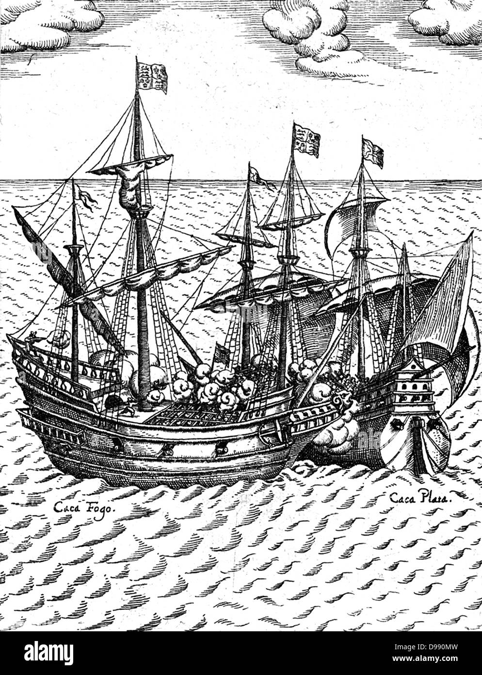 The capture of the Cacafuego, the Spanish treasure-ship, by Sir Francis Drake 1579 in the vicinity of Esmeraldas, Ecuador.  Laden with the treasure from ''Cagafuego'', Golden Hind sailed towards Plymouth, which he reached on September 26, 1580. Stock Photo