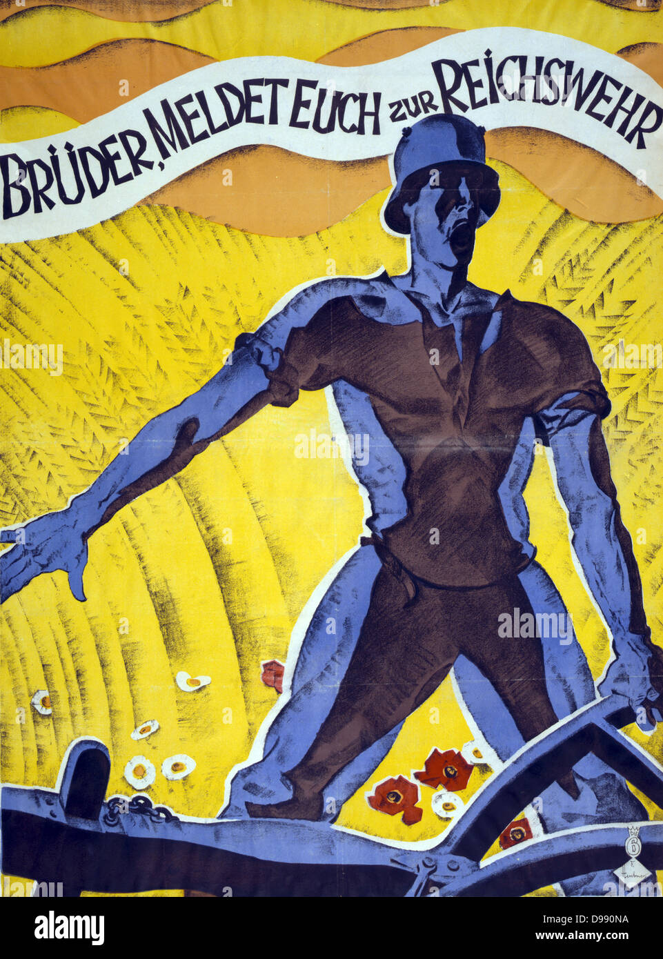 Brothers, enlist in the Reichswehr'. German poster 1920. Man in soldier's helmet holding a plough. Behind him is a field of wheat and flowers. Reichswehr (National Defence) existed from 1919-1935 when it became the Wehrmacht. Stock Photo