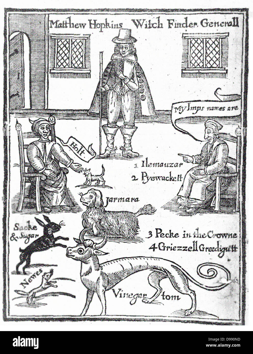 17th Century English poster showing Matthew Hopkins the sSelf-appointed Witchfinder General Stock Photo