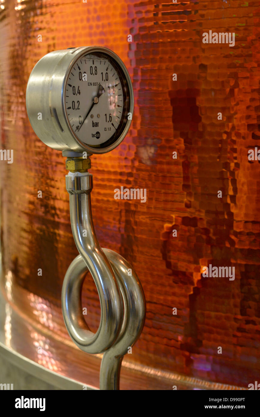 Gauge on an artisan made still at the Stein Distillery in Joseph, Oregon. Stock Photo