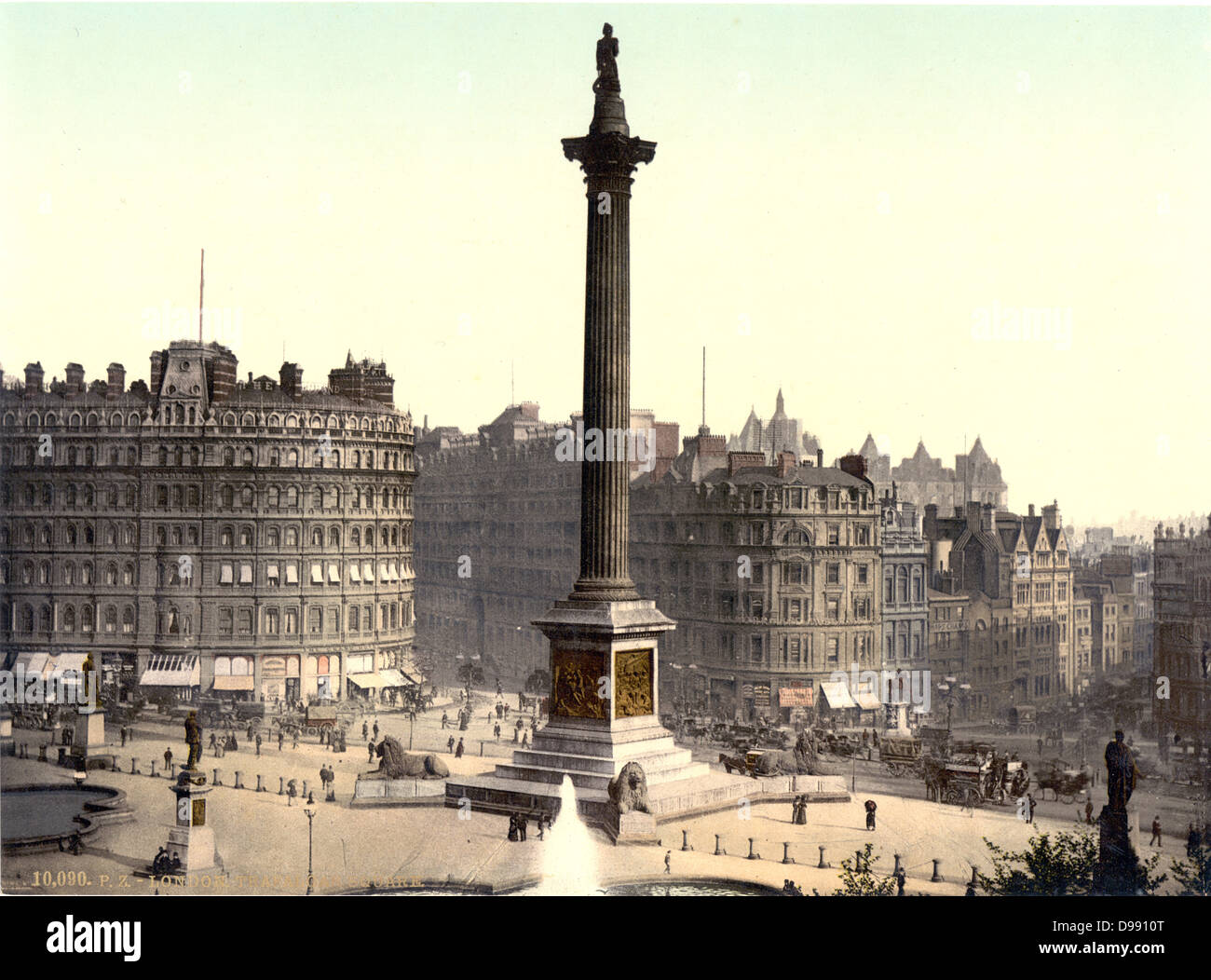 Trafalgar Square viewed from the National Gallery, London, England, 1890-1900. Nelson's Column in the centre with Edwin Landseer's lions guarding the plinth. City Architecture Traffic Transport Omnibus Horse Stock Photo