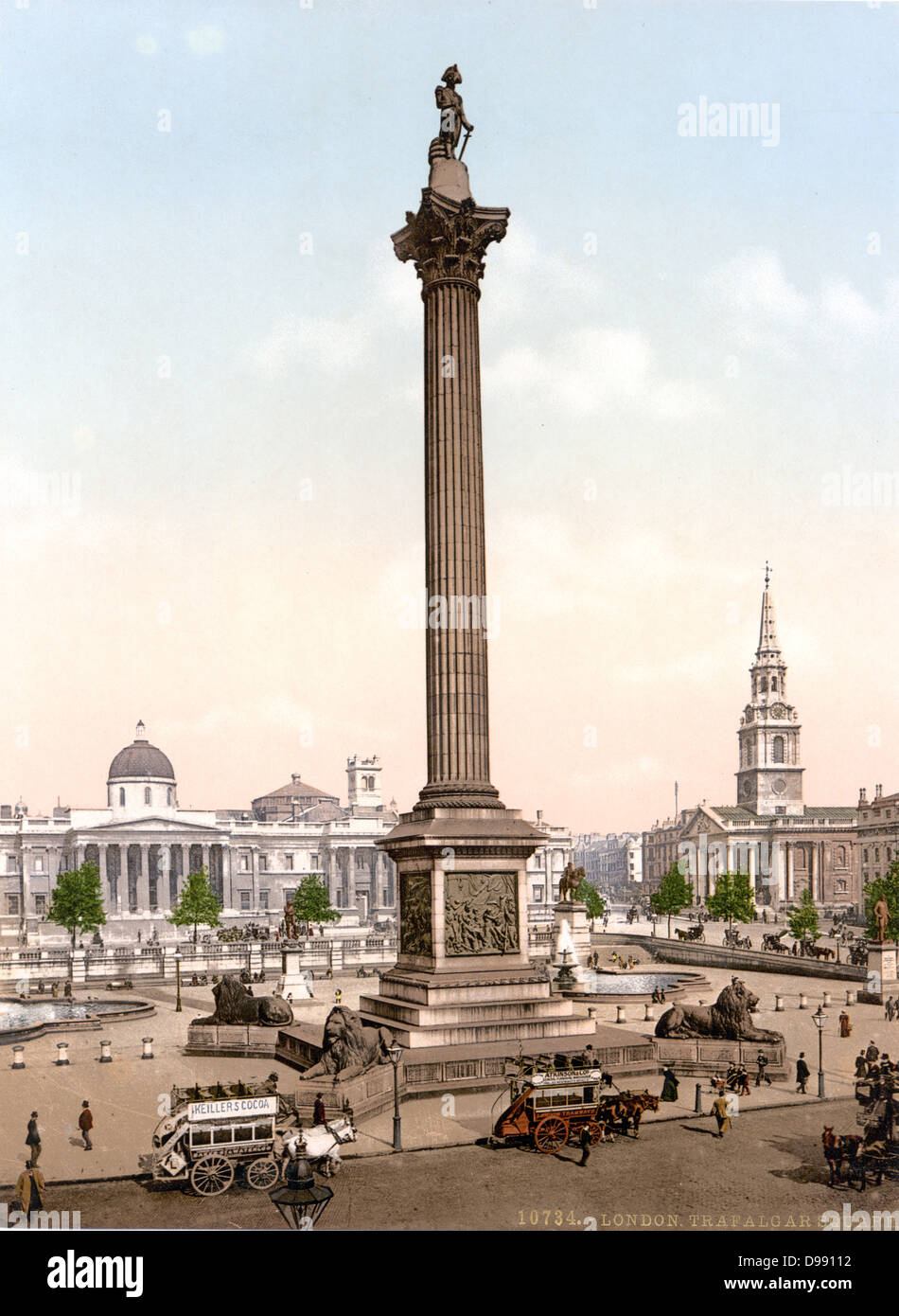Trafalgar Square, London, England, with Nelson's Column guarded by Edwin Landseer's lions, the National Gallery in the background and the church of St Martin's-in-the-Fields, right, 1890-1900. City Traffic Omnibus Horse Bus Stock Photo