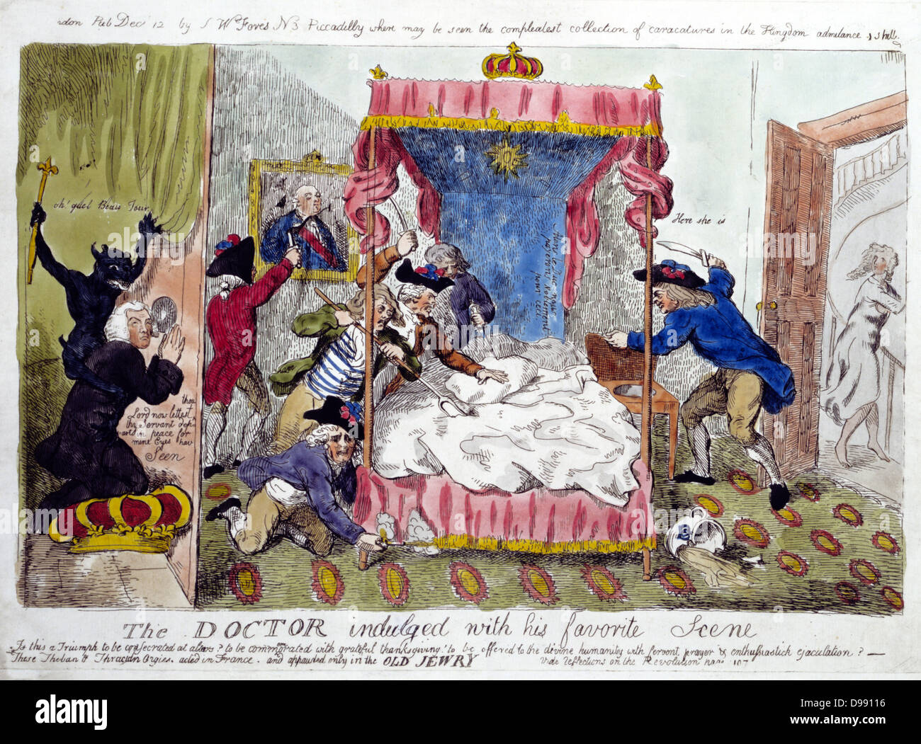 The Doctor indulged with his favourite Scene': Isaac Cruikshank c1790. Richard Price (1723-1791) Welsh philosopher, supporter of principles of French Revolution watching mob destroy Marie Antoinette's bed in search of her. Stock Photo