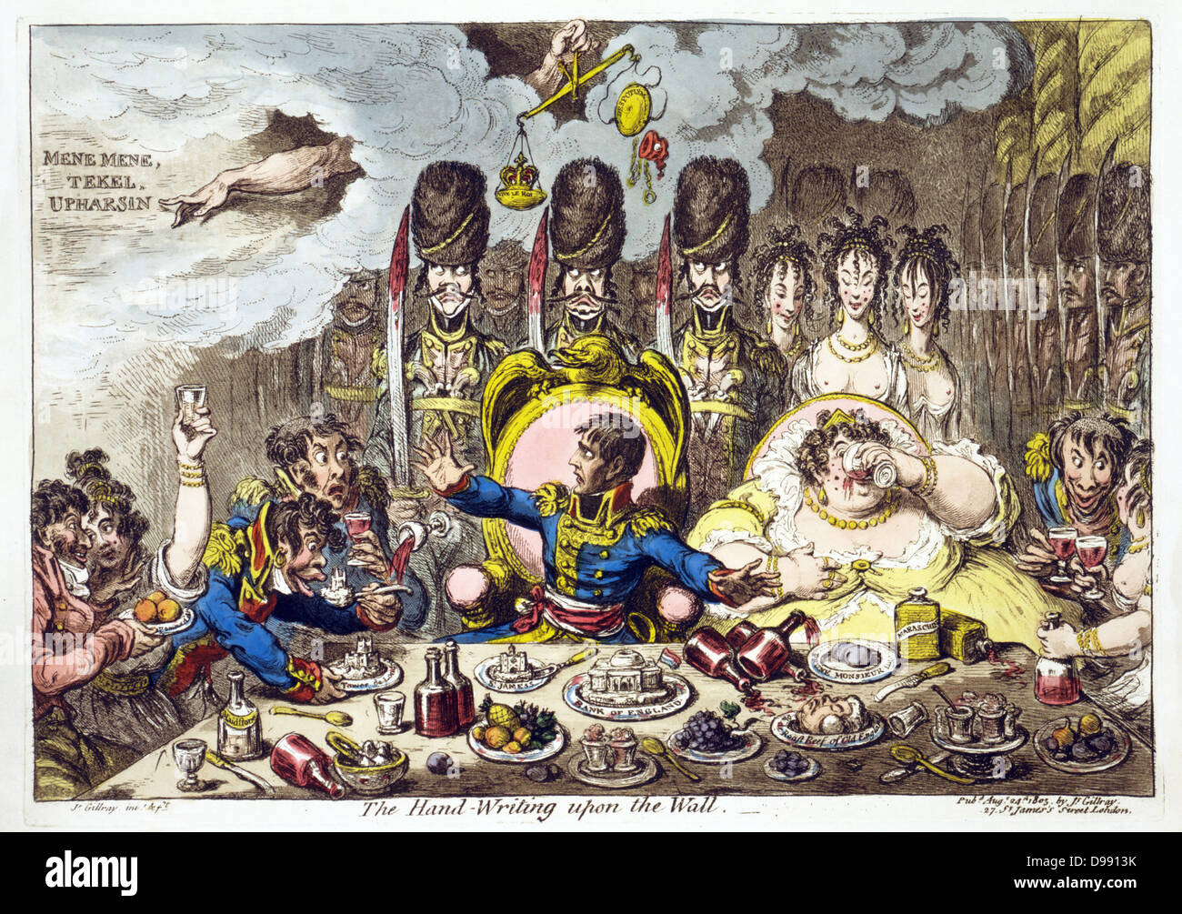 The Hand-Writing upon the Wall', James Gillray, 1803. Napoleon and Josephine, guarded by French soldiers, enjoy a feast of English riches. Napoleon looks on at writing. Above his head a crown is overbalancing a Cap of Liberty. Omen Stock Photo