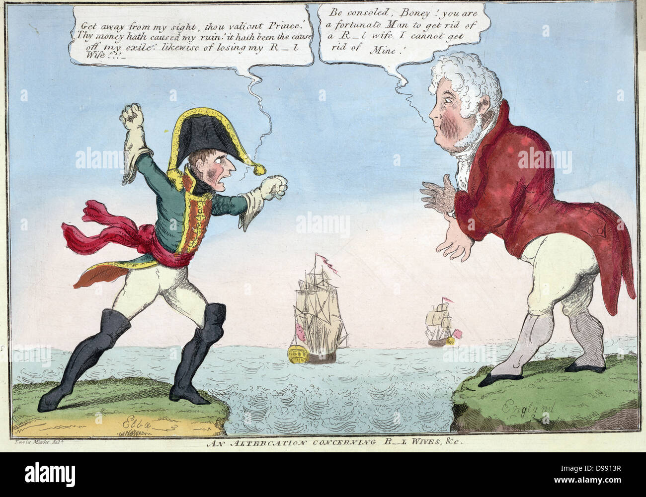 An altercation concerning r-l wives, etc.', Lewis Marks, 1814. Napoleon I on Elba shouting at George Prince of Wales in England that he has been deprived of his r-l wife. George says Napoleon is fortunate. He cannot get rid of his wife. Stock Photo