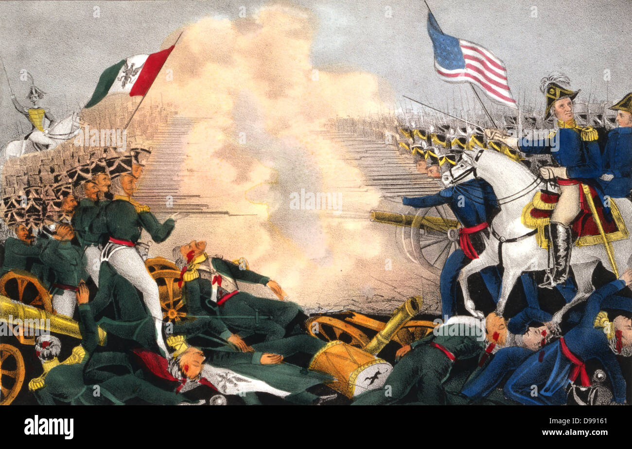 Mexican-American War 1846-1848: Battle of Buena Vista, 23 February 1847, also known as Battle of Angostura. Mexicans under Santa Anna in green, defeated by Americans under General Zachary Taylor. Currier & Ives print, 1847. Stock Photo