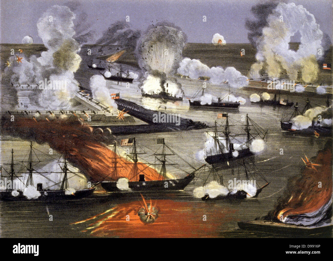 American Civil War 1861-1865: The Capture of New Orleans 25 April to 1 May 1862. The capture of the largest Confederate city by the Union was a turning point in the war. Naval Battle Fire Gunfire Explosion Steam Ship Stock Photo