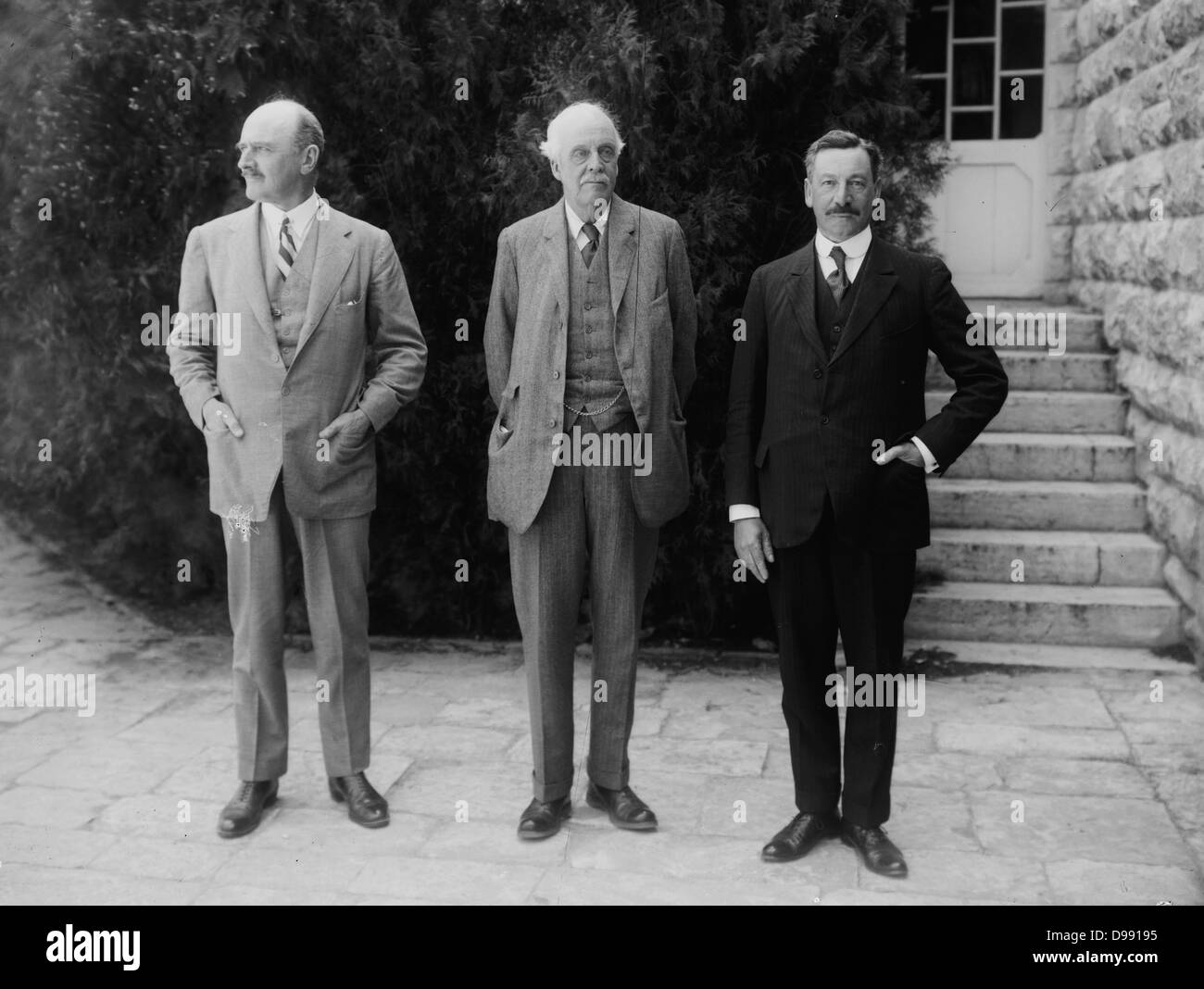Lord Balfour's visit to the Hebrew University, Jerusalem, Palestine 1925. Arthur James Balfour (1848–1930) British statesman with Herbert Samuel (1870-1963) British politician and diplomat, and General Allenby. Stock Photo