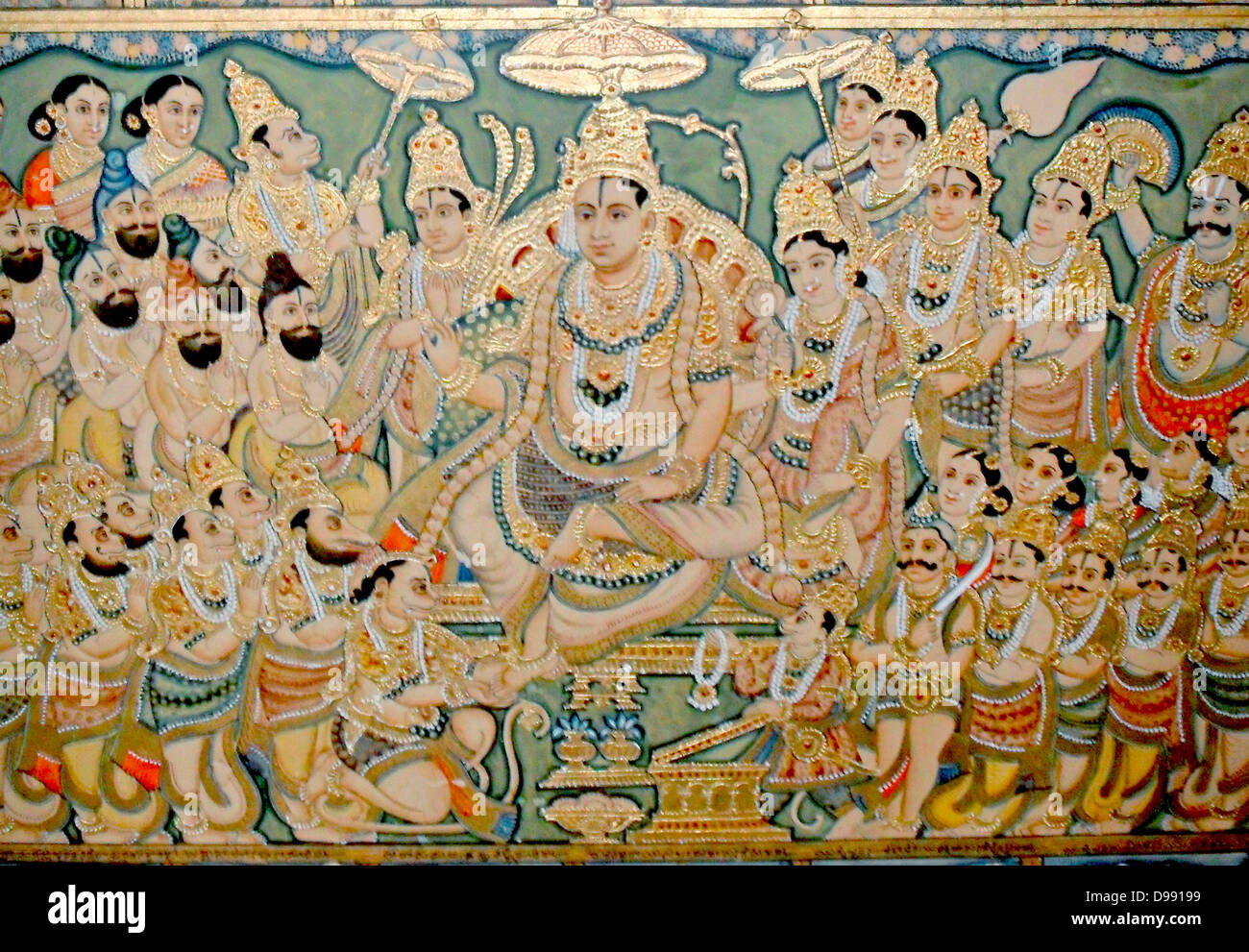 Detail from a 19th century enamel and glazed picture depicting the Hindu legend of the Ramayana. The Ramayana is one of the two epic Hindu poems, the other being the Mahabharata. The Ramayana describes a love story between Rama, an ancient King, and Sita, who is captured by Ravan, the King of Ceylon. Rama lays siege to Ceylon and wins back Sita Stock Photo