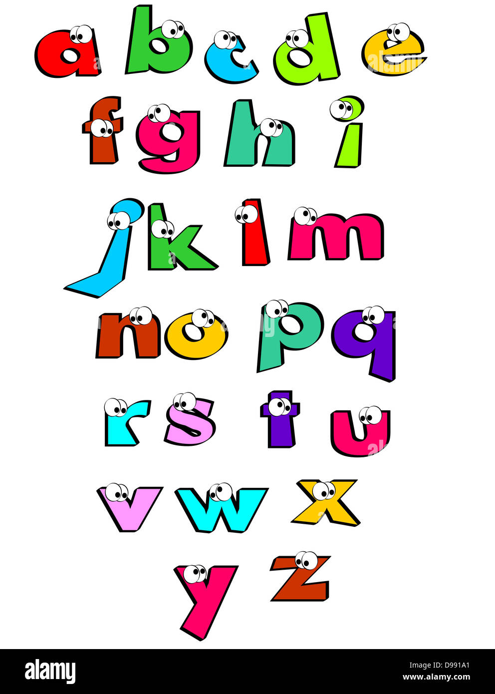 Funny alphabet letters with eyes. Alphabet for children learning their first letters. Poster for the school. Stock Photo