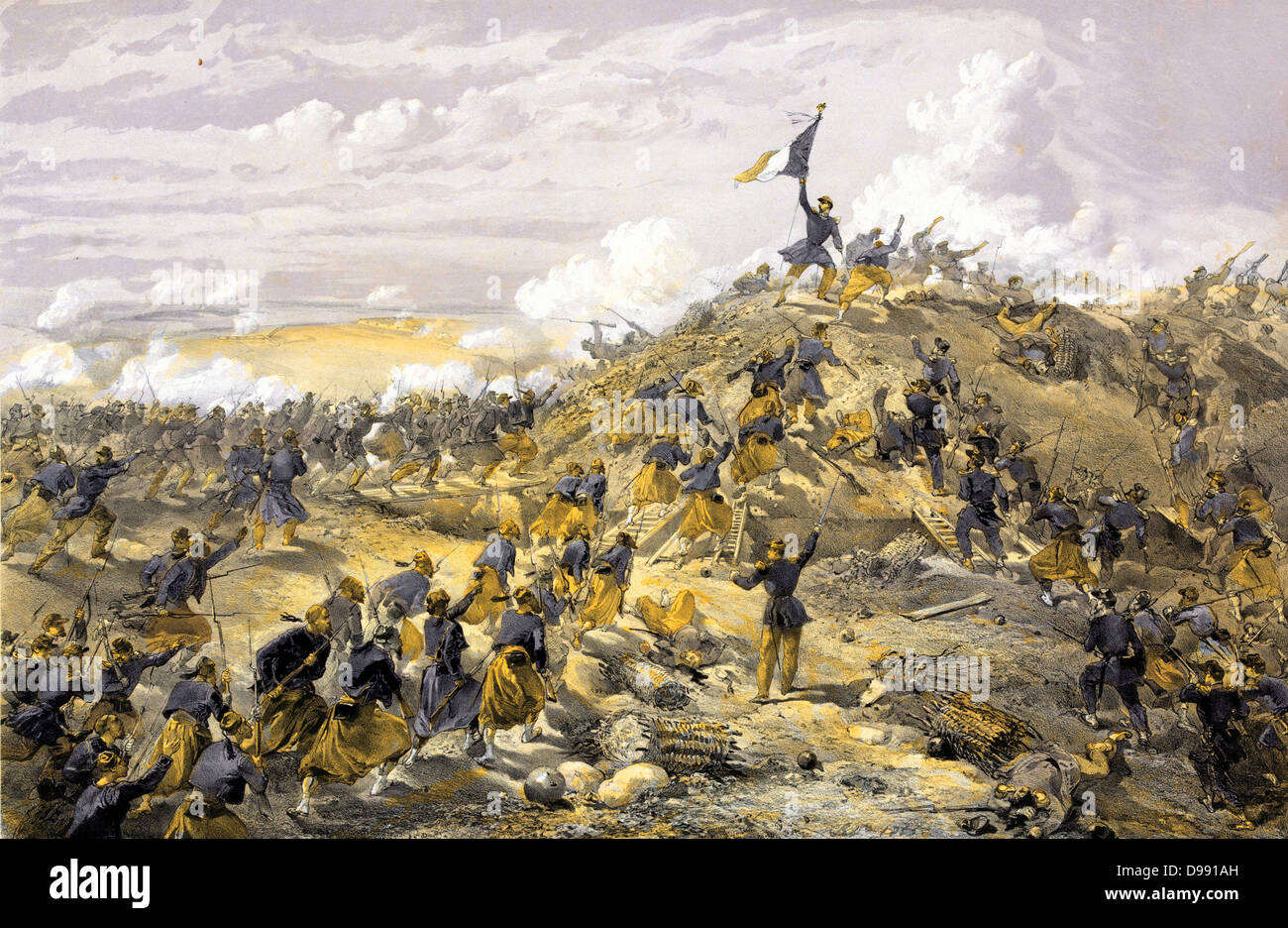 Crimean War 1853-1856: 'French assault on the Malakoff, Russian fortification before Sevastopol', French advancing from left, in foreground are Zouaves, French North African troops. Siege Russia France Turkey Britain Ottoman Stock Photo